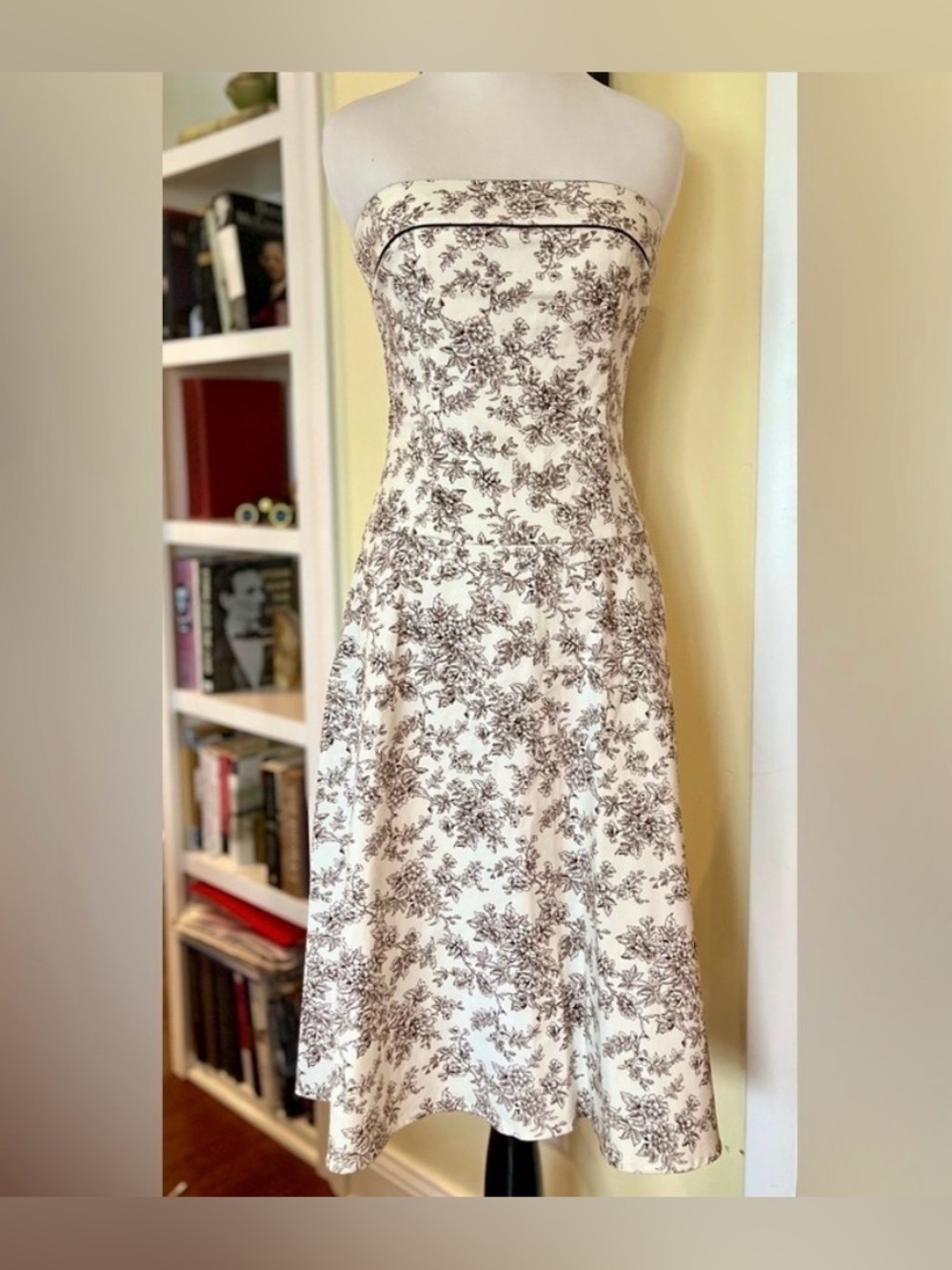 Y2K Dress Strapless Sundress Teeze Me Cream and Brown Floral Toile Print SZ: XS